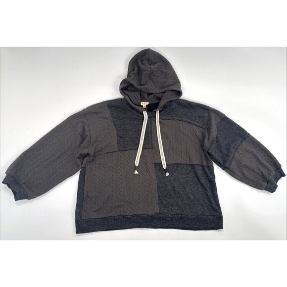 POL Patchwork Oversized Hooded Sweater Womens Medium Gray Boho Loose Casual - Picture 12 of 12